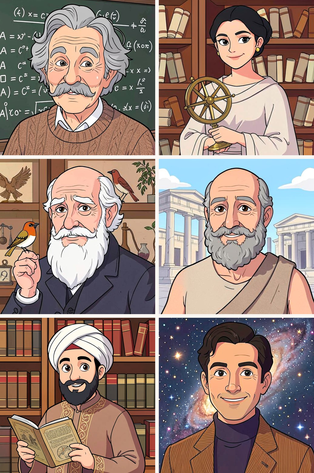 The six guests, drawn as cartoon portraits: Einstein at a chalkboard, Hypatia holding a brass astronomical instrument, Darwin with a small bird on his hand, Socrates before white columns, Ibn Sina reading a manuscript, Sagan in front of a galaxy.