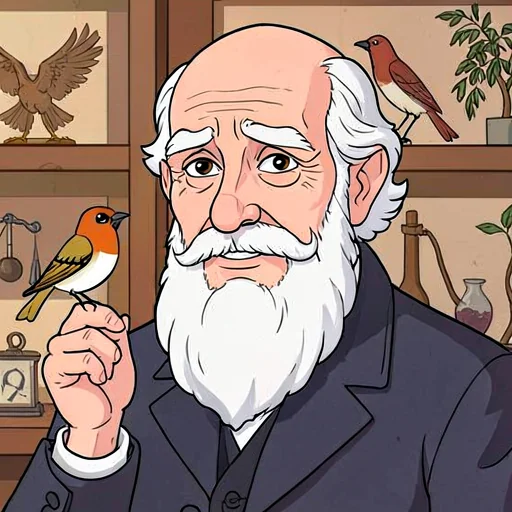 a cartoon portrait of Charles Darwin, white-bearded in a dark coat, a small robin perched on his raised finger