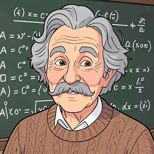a cartoon portrait of Albert Einstein in a cable-knit sweater, grey hair unbrushed, a chalkboard of equations behind him