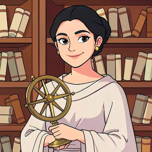 a cartoon portrait of Hypatia of Alexandria in white robes, holding a brass armillary ring, shelves of scrolls behind her