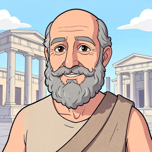 a cartoon portrait of Socrates of Athens, bald and grey-bearded in a plain robe, marble colonnades behind him