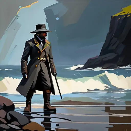 Reef-Runner · hint B-double-prime (Fable iteration of ruled B: candidate A's stance anchor grafted in — plain B and a 'wading in' variant both drifted to a gaff-less bust portrait) — HUMAN by canon