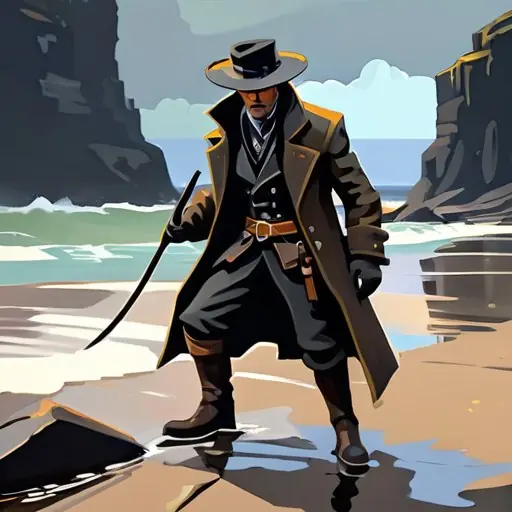 Reef-Runner · hint B-double-prime (Fable iteration of ruled B: candidate A's stance anchor grafted in — plain B and a 'wading in' variant both drifted to a gaff-less bust portrait) — HUMAN by canon