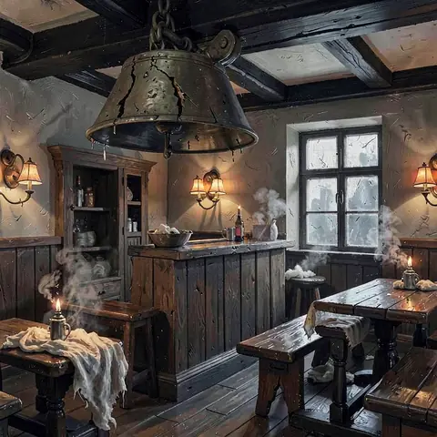 The Cracked Keel — a seeded interior, no sky · 16 steps
