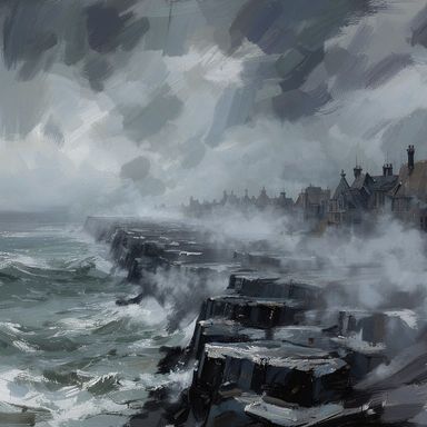 Waves break white against a dark breakwater of jagged stone blocks that curves away from the foreground into rolling fog, a cluster of steep grey rooftops and chimneys on the right dissolving into the mist under a stormy brushed sky