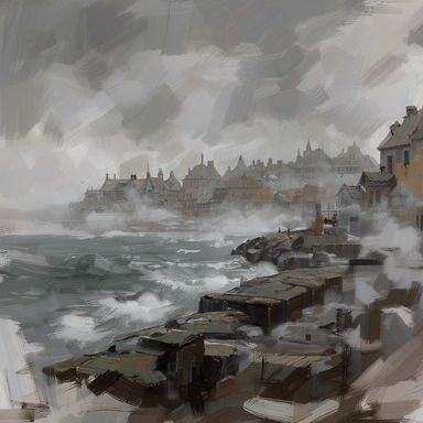 A stone breakwater of flat blocks runs from the foreground along a grey choppy sea toward a town of gabled houses and spires half lost in sea-fog under a heavy grey sky, a small figure standing on the wall