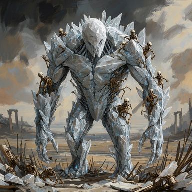 A broad-shouldered giant of faceted white-blue crystal, its smooth head a blank wedge with no eyes or mouth, strides across a barren plain under a stormy sky, small brown skeletons clinging to its shoulders and arms and lying among shards at its feet, ruined arches far behind