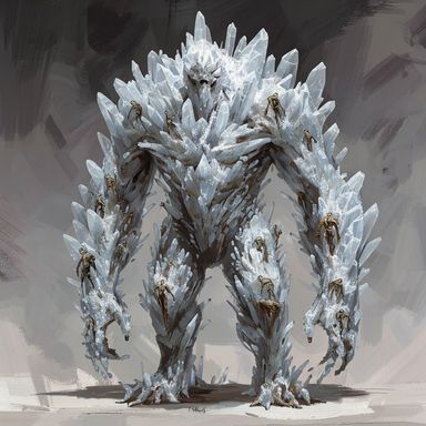 A hulking giant bristling with white salt-crystal spikes stands on pale ground against a grey-brown brushed sky, its head a cluster of spikes with only a faint face, dozens of small brown figures stuck across its arms, chest and legs; a faint scrawl sits at the bottom centre