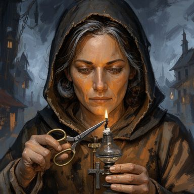 A close-up of a middle-aged woman in a dark hood, grey-streaked hair and a lowered gaze, her face lit amber by a small flame on a glass oil lamp she steadies with her left hand, brass-handled scissors in her right hand at the wick and an iron cross at her chest, fog-blue rooftops and lanterns behind her