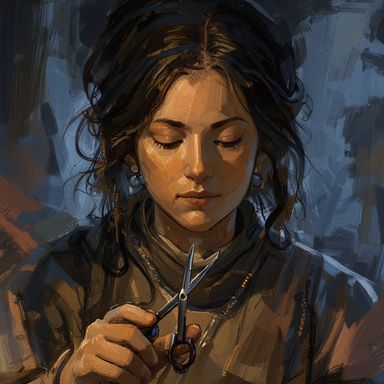 A close-up of a young woman with dark hair loosely pinned up and small earrings, eyes lowered and lit warm amber from one side, holding a pair of slim scissors upright in one well-drawn hand against a blue-grey brushed background