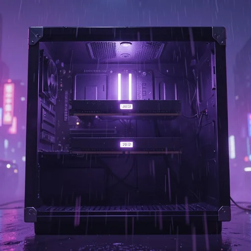 a render: the two stacked cards level with the lens, each with a small white glow, the interior in deep violet shadow