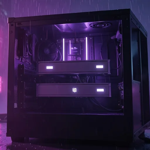 a render: the rig at the case's open side, two cards stacked one above the other, two white bars of memory light above them, in a violet room
