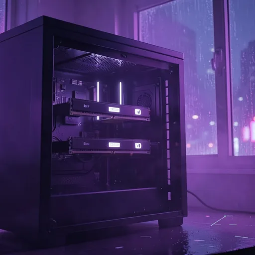 a render: the rig from the front and above, both cards seated, neon rain outside the window
