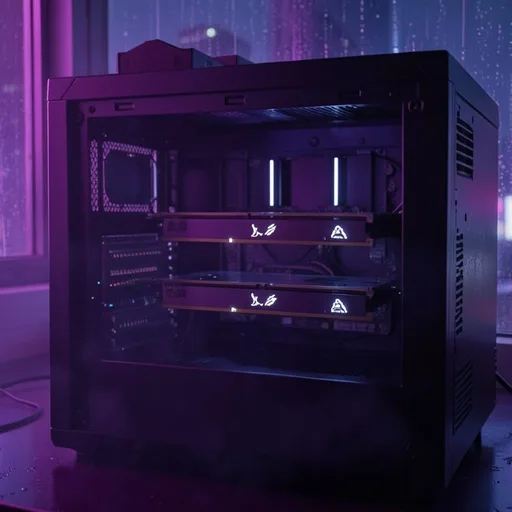 a render: the same rig from slightly above, the side panel off, a rain-streaked window and a city's neon behind it