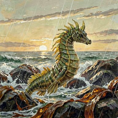 An oil-painted leafy seadragon in green and gold, upright among dark rocks and white-capped waves under a grey-gold sky with a low sun, with rain streaking the whole picture
