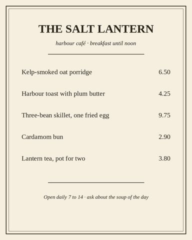 A cream menu card in a dark-brown double frame: the title THE SALT LANTERN, an italic subtitle, five dishes with prices, and an italic footer line