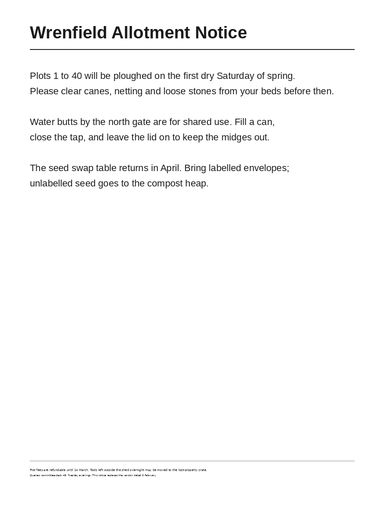 A white notice headed Wrenfield Allotment Notice with a rule under the heading, six lines of sans-serif body text in three paragraphs, and two lines of very small print at the foot
