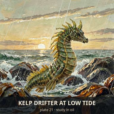 The oil-painted leafy seadragon among rocks and waves, with a dark band across the foot carrying the white caption KELP DRIFTER AT LOW TIDE and, smaller, plate 21 · study in oil