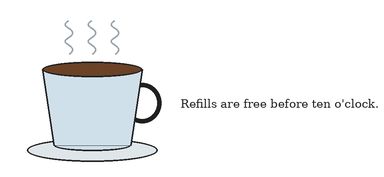 A simply drawn brown-filled cup on a saucer with three wavy lines of steam, and to its right one line of serif text reading Refills are free before ten o'clock.