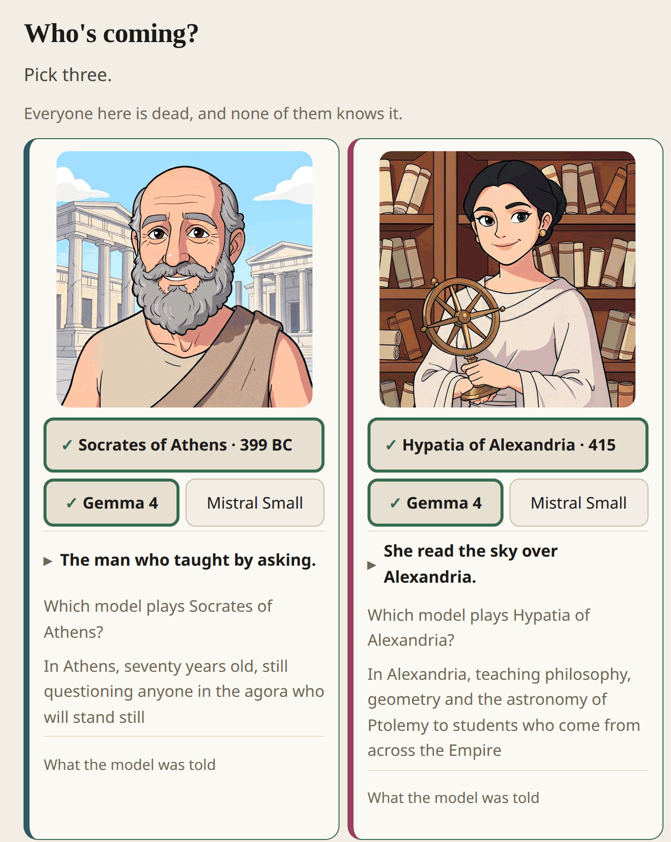 The shelf: Socrates' and Hypatia's cards, both chosen, with the model that will play each.
