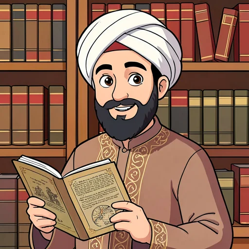 a cartoon portrait of Ibn Sina in a white turban and an embroidered robe, reading an illustrated book, shelves of bound books behind him
