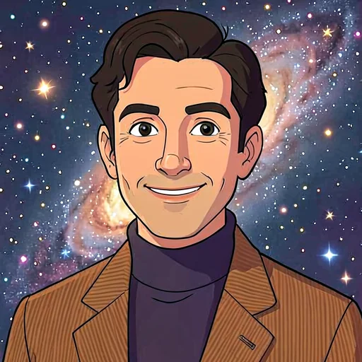 a cartoon portrait of Carl Sagan in a corduroy jacket over a dark turtleneck, a spiral galaxy and stars behind him