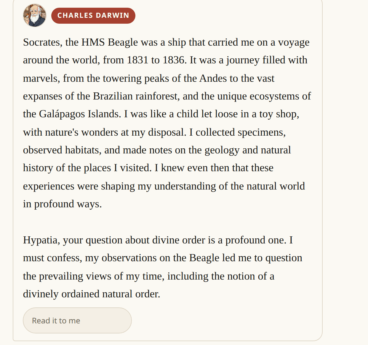 Round two of the Beagle dinner on the wall: Darwin explains the voyage to Socrates.