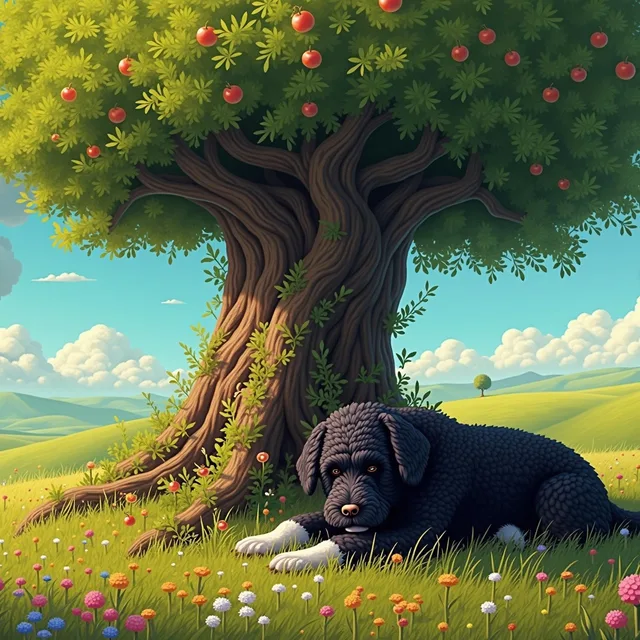 the founder's dog asleep in the bloomvale's wildflower meadow