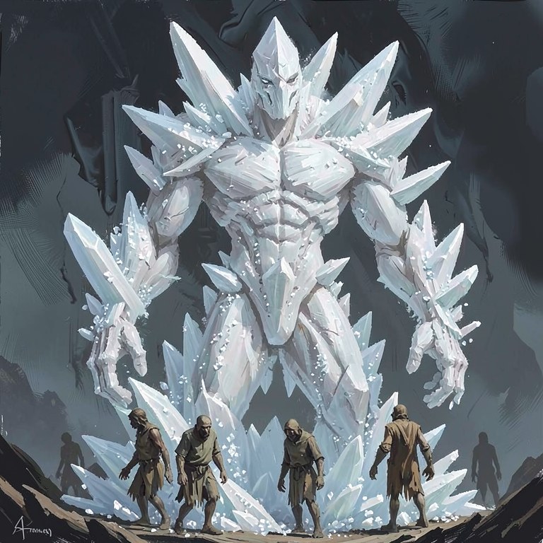 A towering giant of jagged white crystal spikes, with a helmet-like face and narrow eyes, looms in a dark cave over ragged, hunched figures walking below it