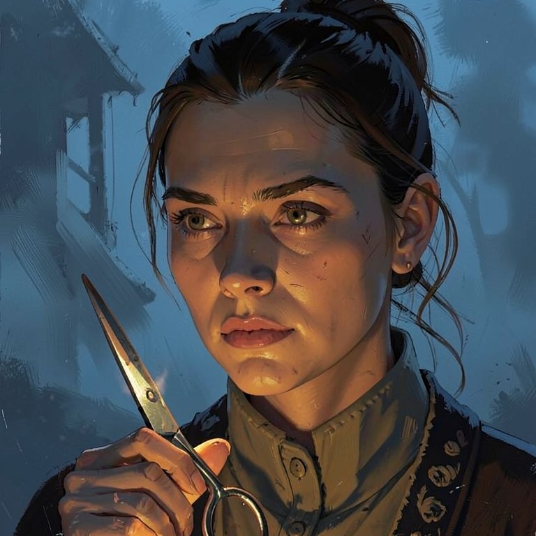 A close-up of a woman with her hair pinned up, lit warm amber from one side, holding a pair of long scissors upright, a fog-blue building behind her