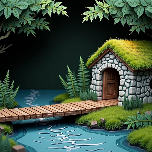 a moss-roofed stone hut across a plank bridge, in cut paper