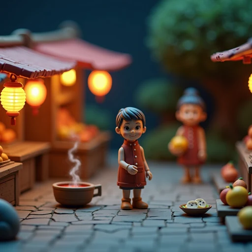 a clay night-market square under paper lanterns
