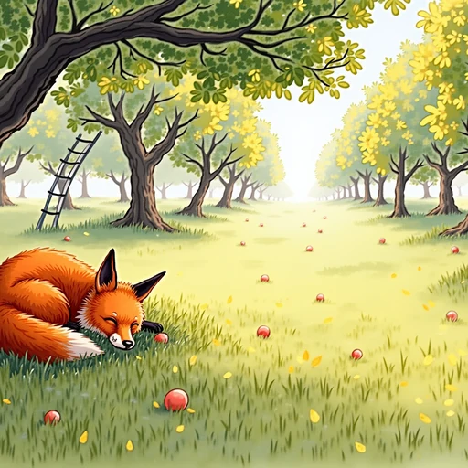 a fox asleep in long grass under a gnarled tree, in ink and wash