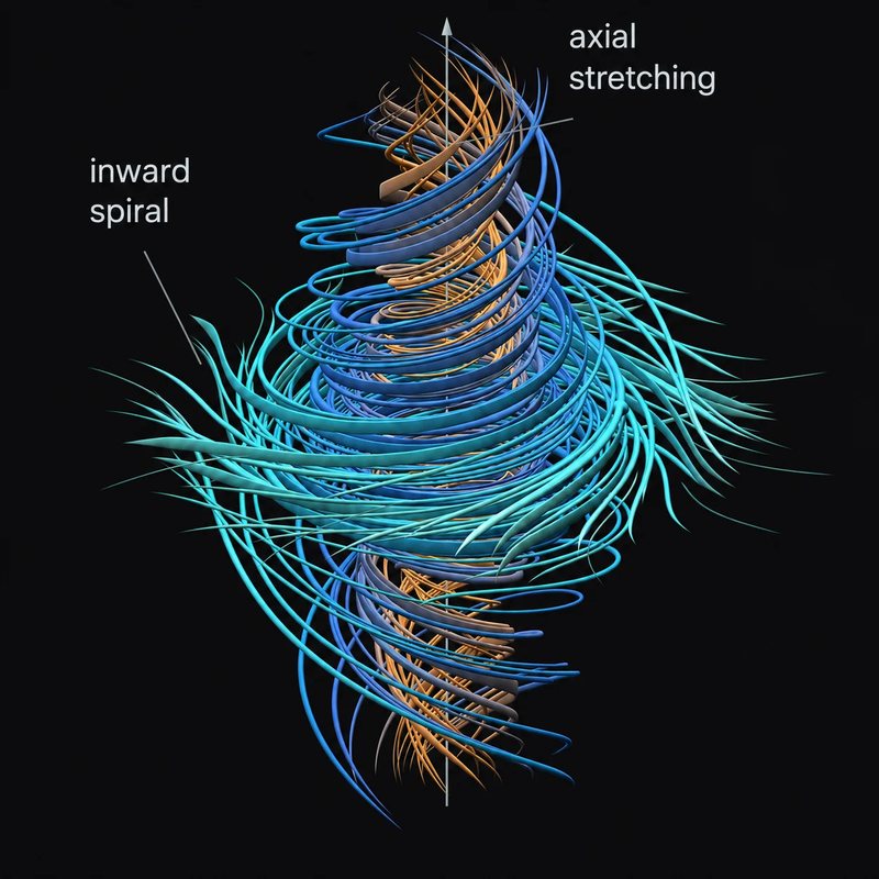 OpenAI's figure: a single vortex drawn as ribbons — wide teal arms spiralling inward, tighter blue coils, an orange core spinning fastest, the whole column stretched along a vertical axis; two labels read "inward spiral" and "axial stretching".